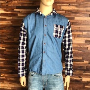 Men’s jean shirt with plaid sleeves.